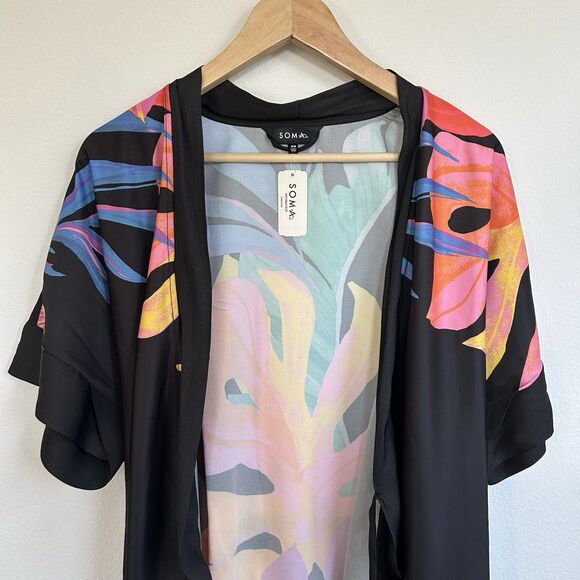 Soma Satin Black Midi Robe XS Paradise Palms Multicolor Short Sleeve Kimono - Picture 6 of 16